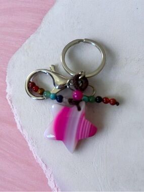 Pink Striped Agate Star Key Charm with Multicolor Beads